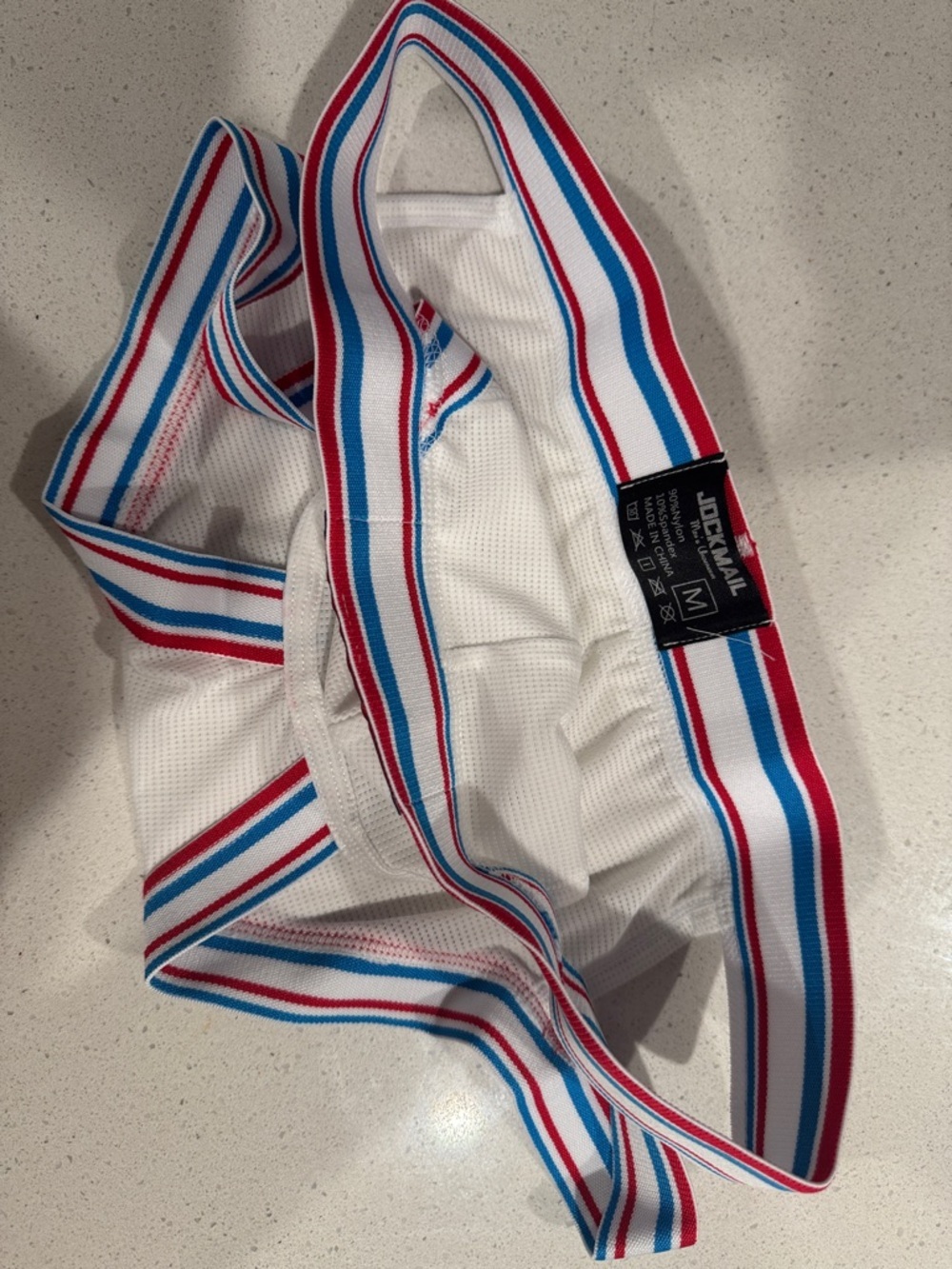 White Mesh Athletic Jockstrap with Red & Blue Striped Waistband - Picture 3 of 3